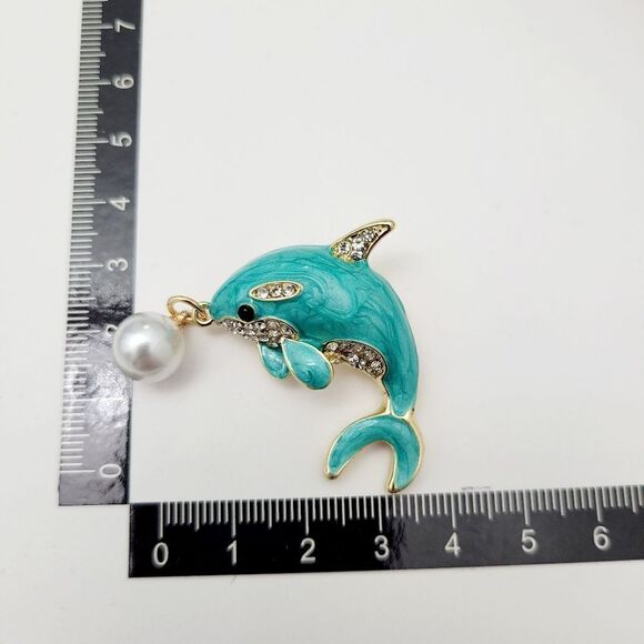 Brand New Gold Tone Blue Dolphin Pearl Rhinestone Brooch Pin - Picture 7 of 7